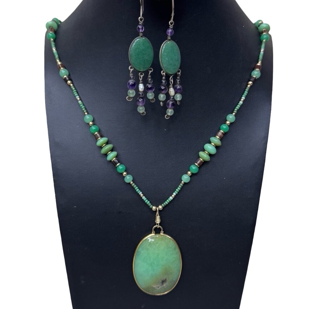 Vintage Adventurine Statement Green Dangle Earrings Matching Beaded Necklace Set